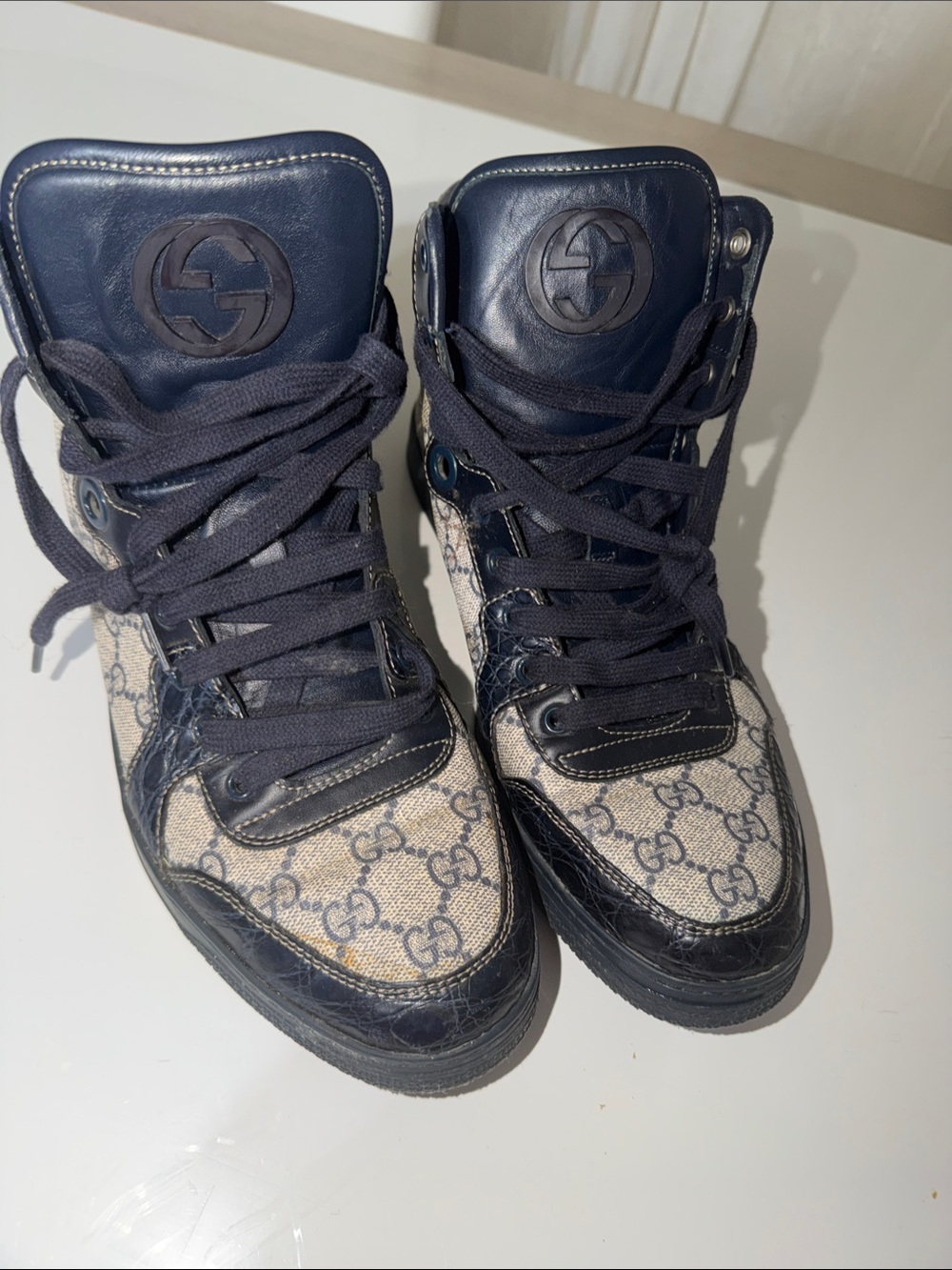 Gucci Navy and Beige GG Canvas High-Top Sneakers
